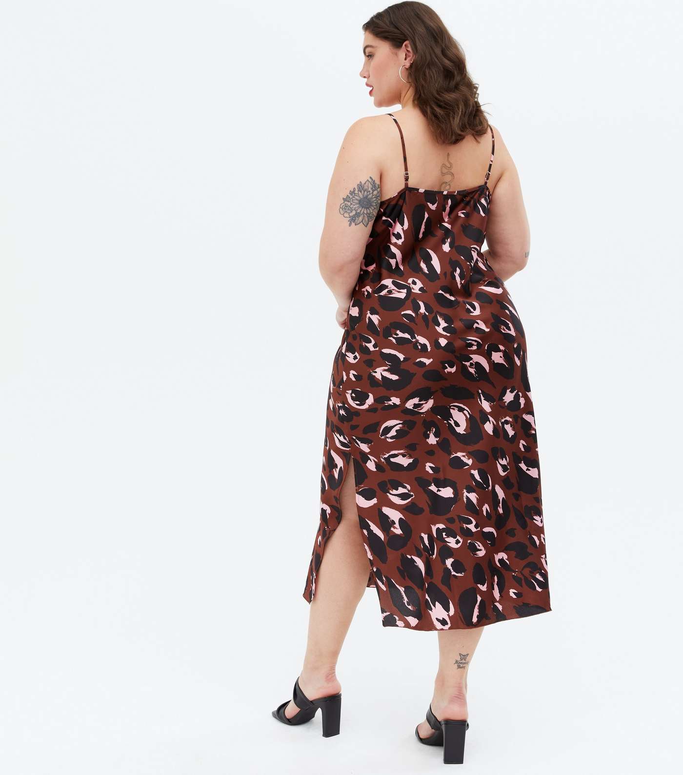 Curves Brown Leopard Print Satin Split Hem Midi Slip Dress Image 4