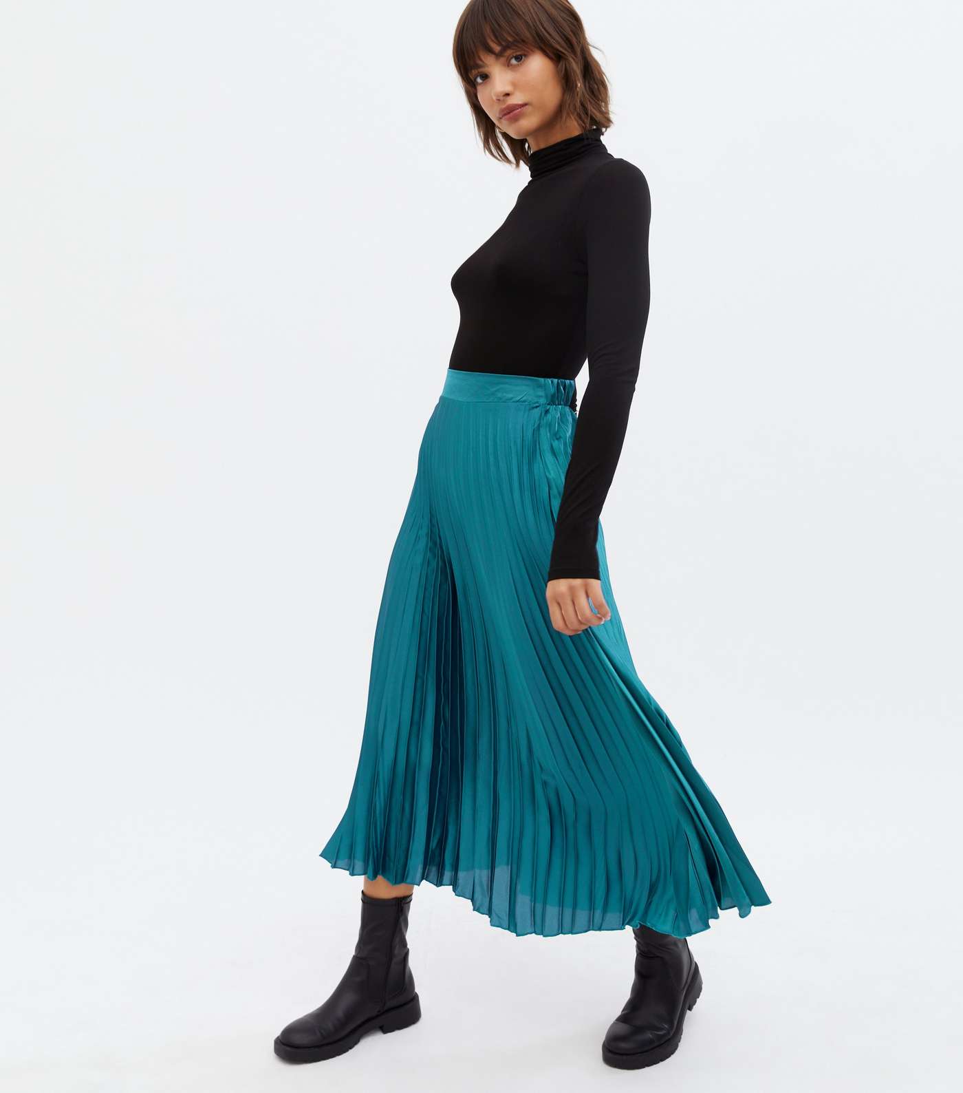 Teal Satin High Waist Pleated Midi Skirt