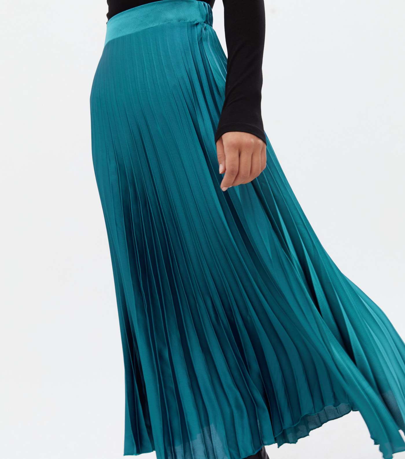 Teal Satin High Waist Pleated Midi Skirt Image 3