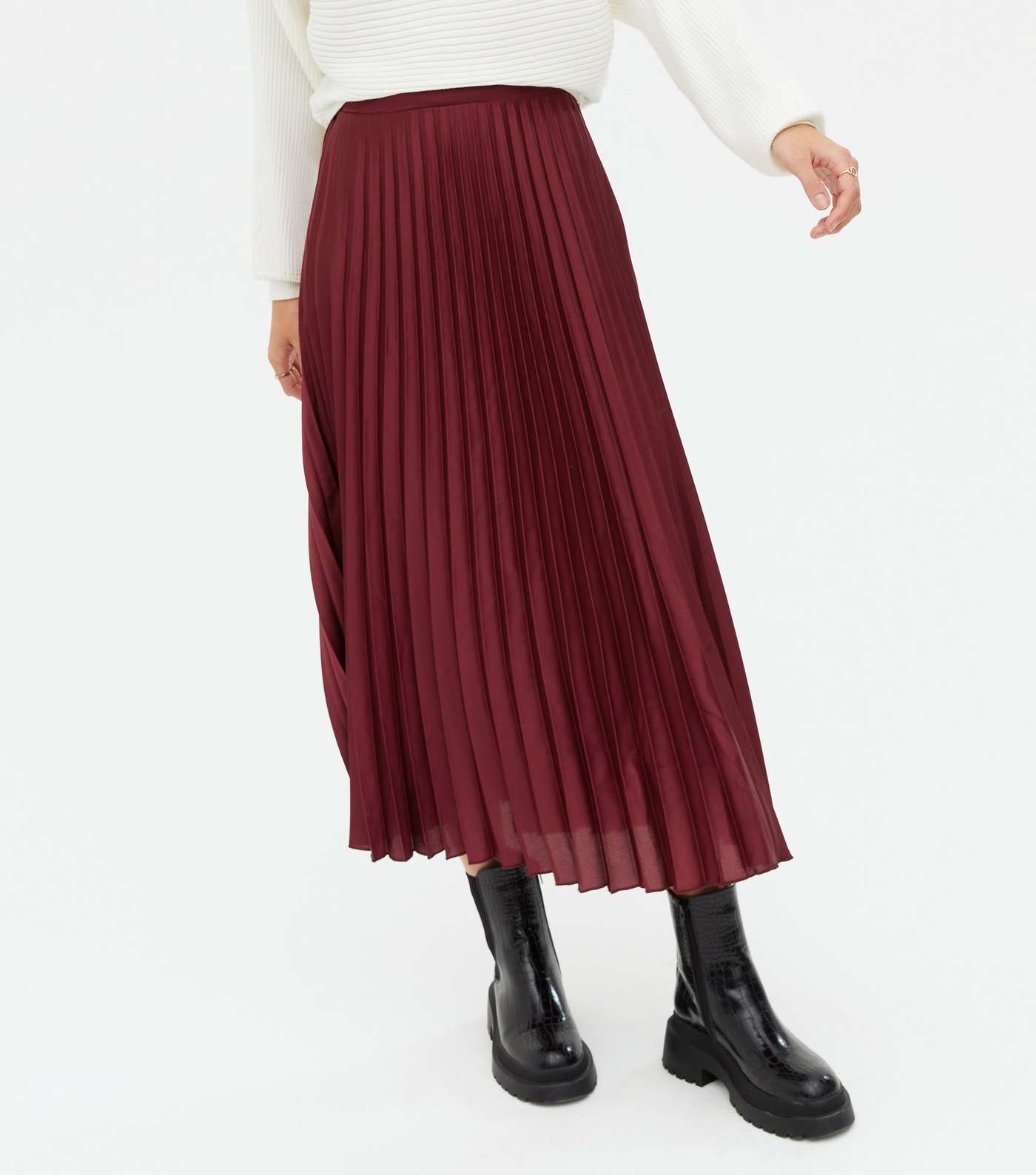 Burgundy Satin High Waist Pleated Midi Skirt Image 2