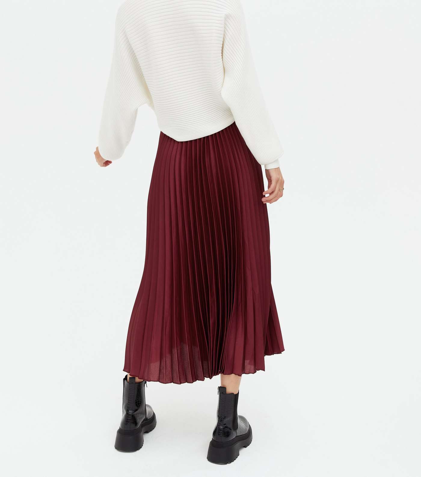 Burgundy Satin High Waist Pleated Midi Skirt Image 4
