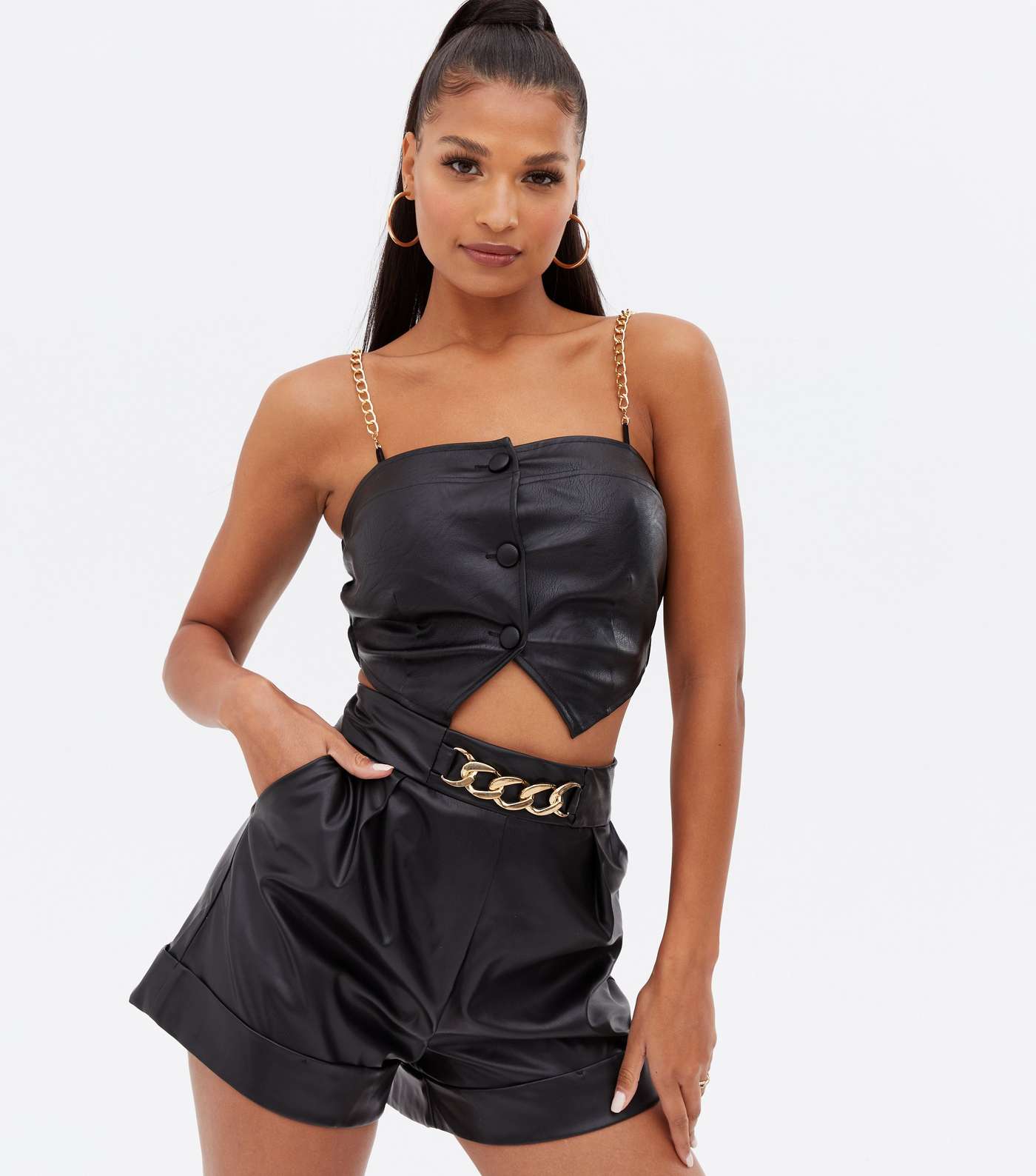 Cameo Rose Black Leather-Look Chain Strappy Crop Top