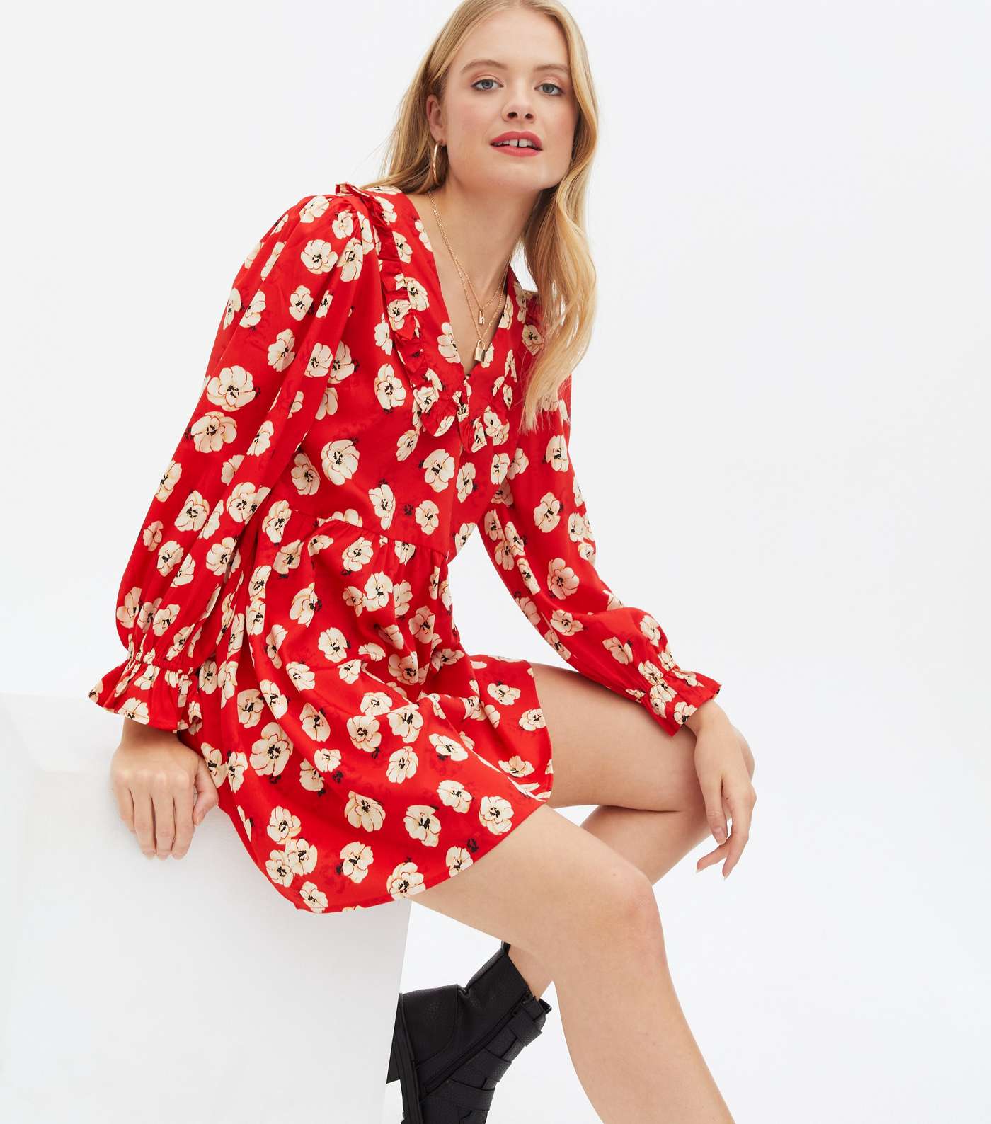 Wednesday's Girl Red Floral Frill Collar Mini Dress