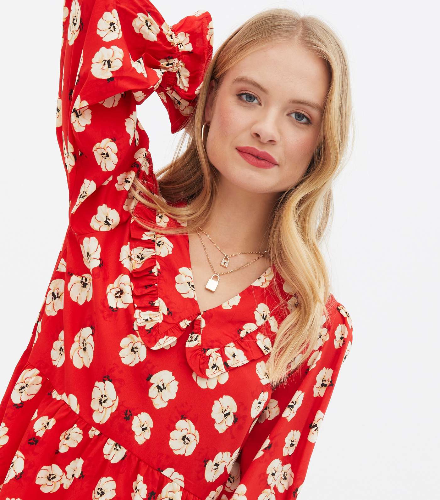 Wednesday's Girl Red Floral Frill Collar Mini Dress Image 3
