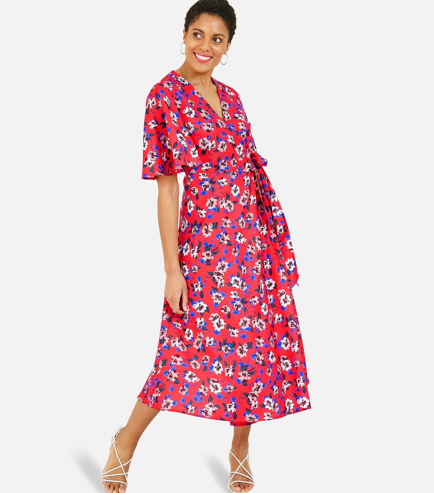 Yumi Red Floral Flutter Sleeve Midi Wrap Dress