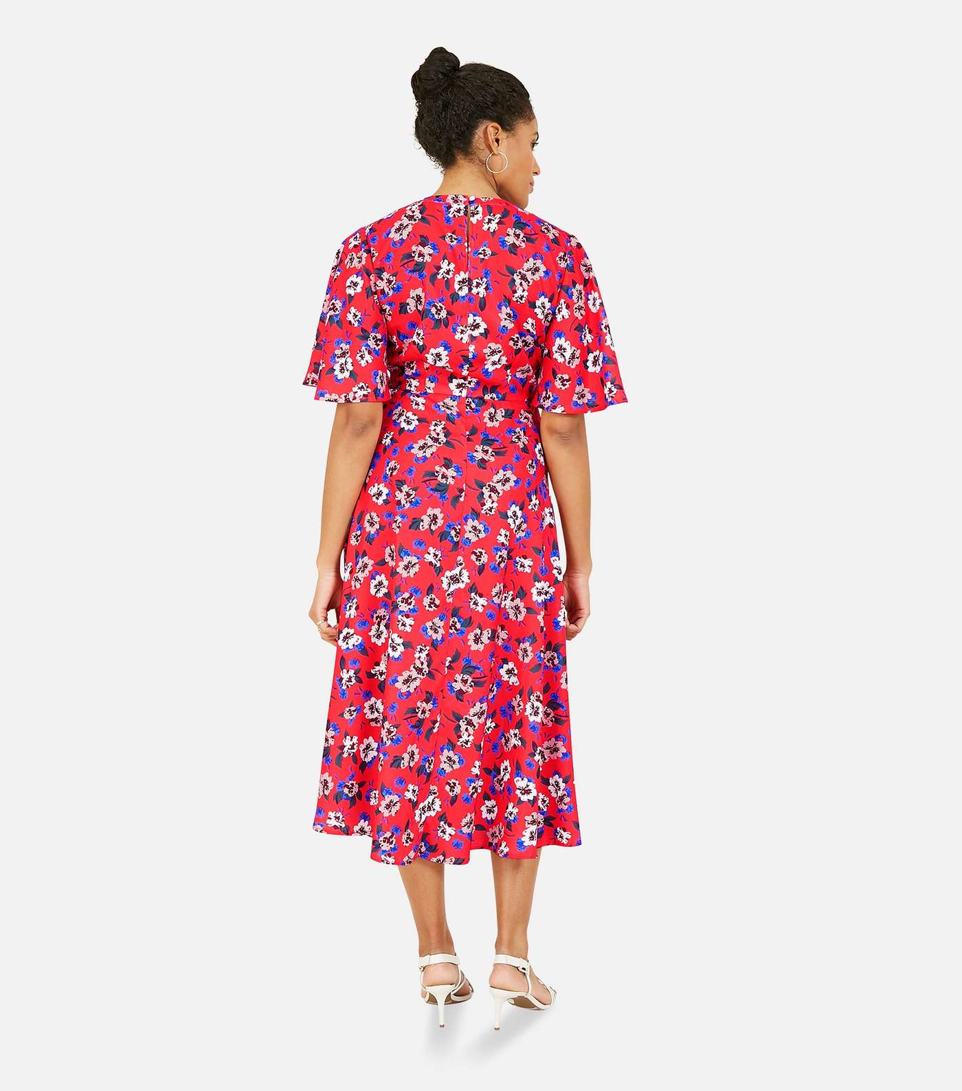 Yumi Red Floral Flutter Sleeve Midi Wrap Dress Image 3