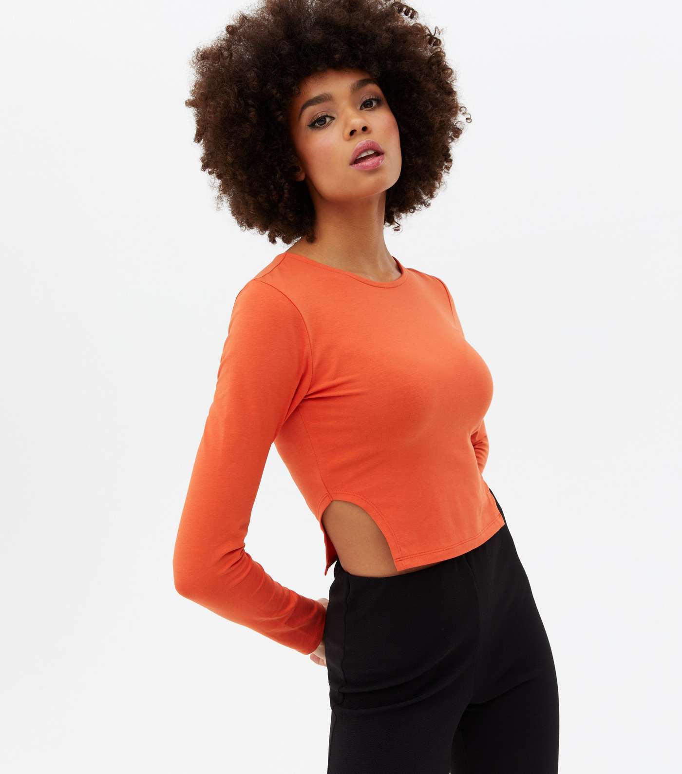 Orange Crew Neck Cut Out Side Long Sleeve Top
