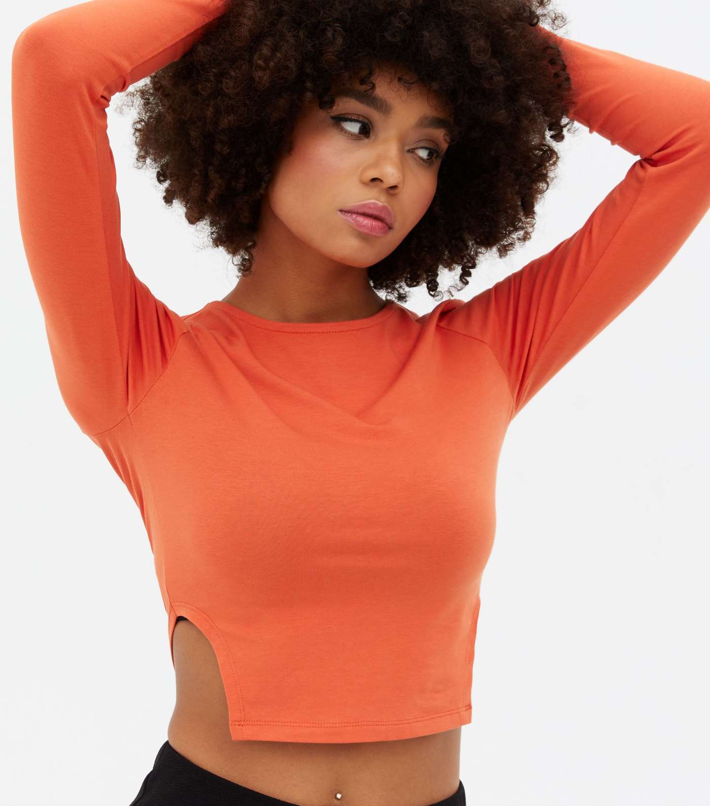 Orange Crew Neck Cut Out Side Long Sleeve Top Image 3