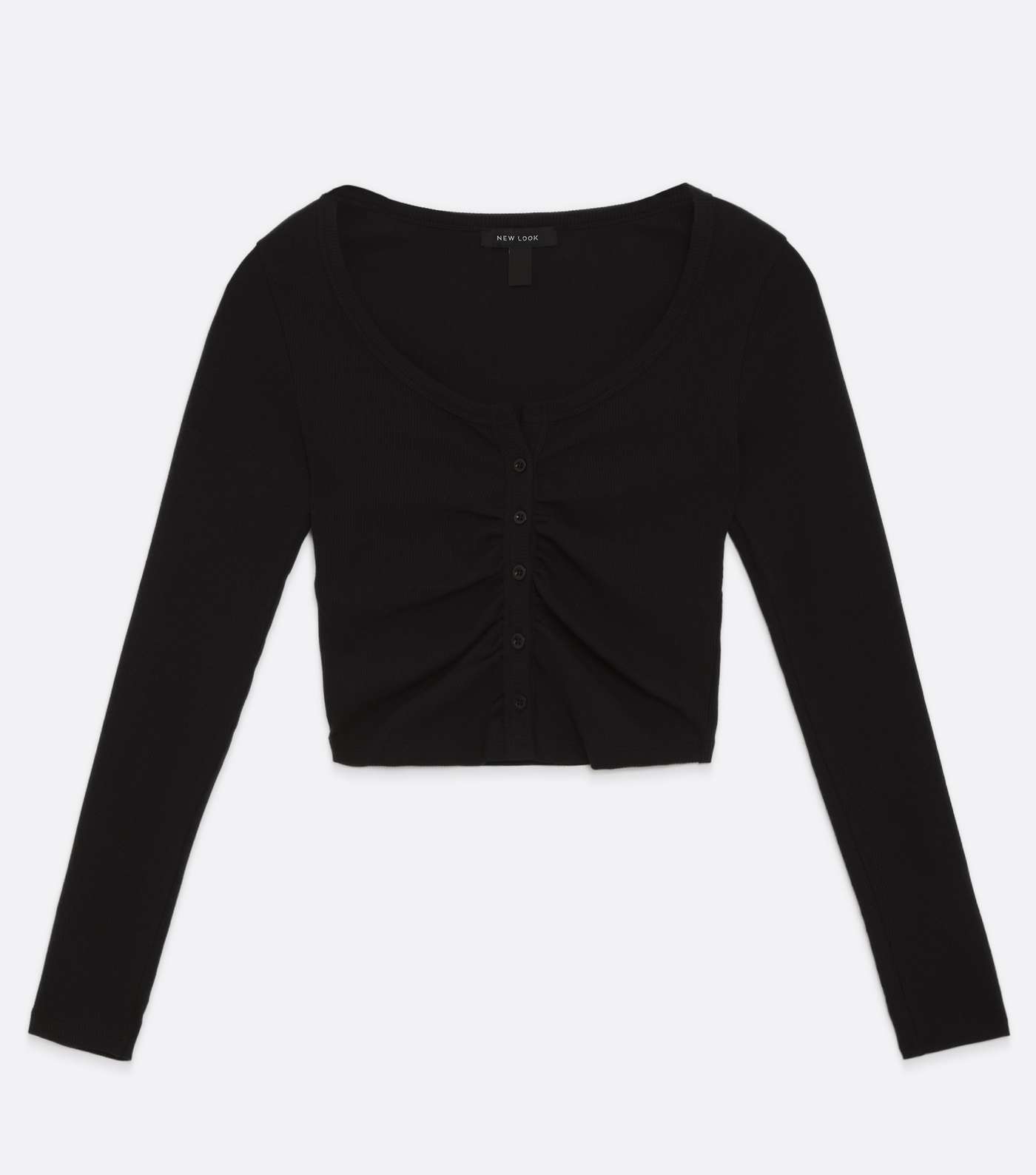 Black Ribbed Ruched Button Front Long Sleeve Crop Top Image 5
