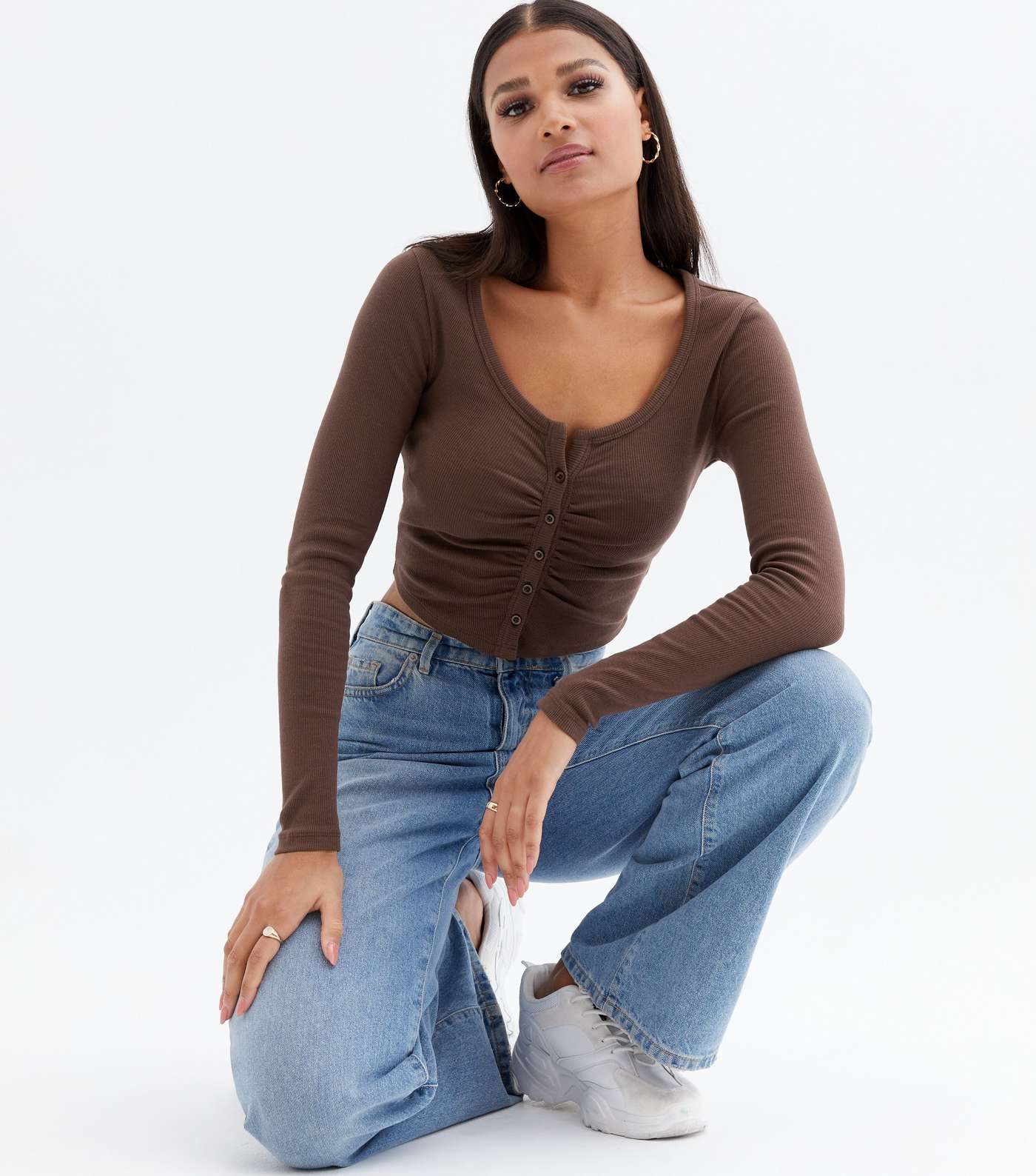 Dark Brown Ribbed Ruched Button Front Long Sleeve Crop Top