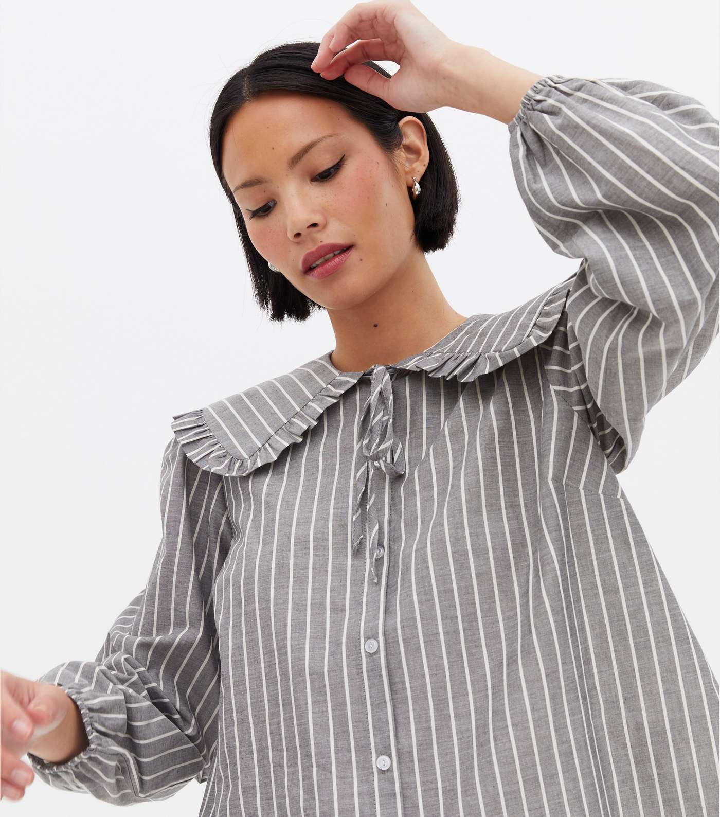 Light Grey Stripe Frill Collar Long Sleeve Shirt Image 3