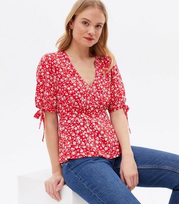 Red Ditsy Floral Tie Back Peplum Blouse 
