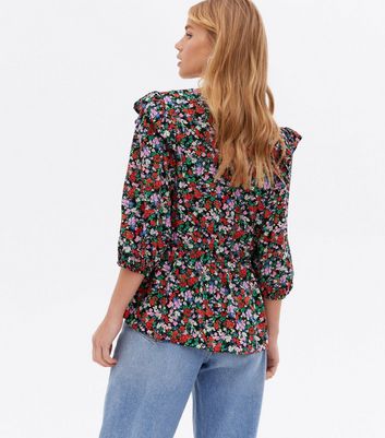 Click to view product details and reviews for Black Floral Frill Button Front Peplum Tea Blouse New Look.