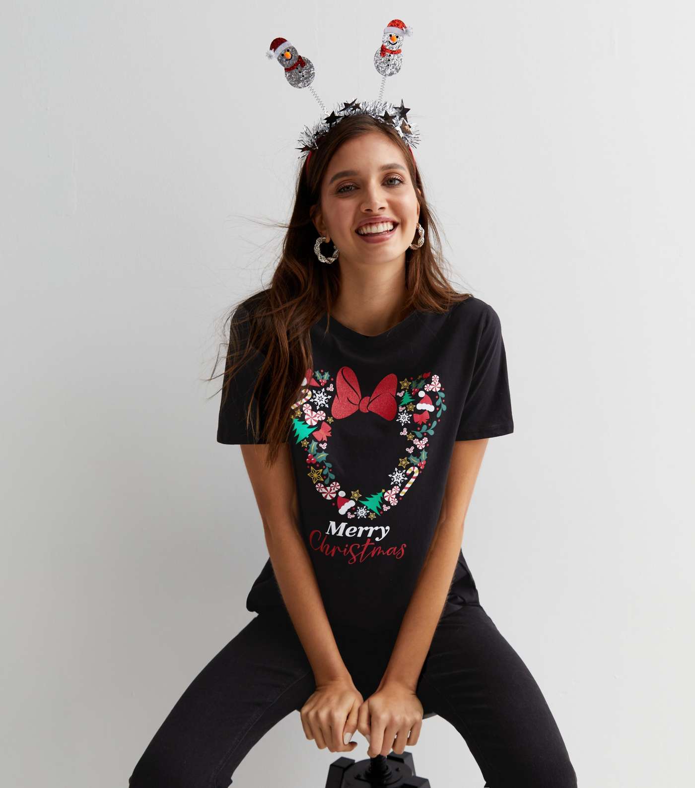 Black Disney Merry Christmas Wreath Logo T-Shirt Image 2