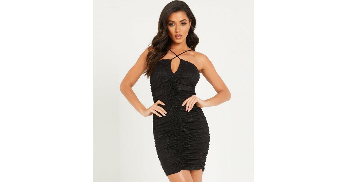 QUIZ Black Glitter Ruched Strappy Halter Neck Bodycon Dress | New Look