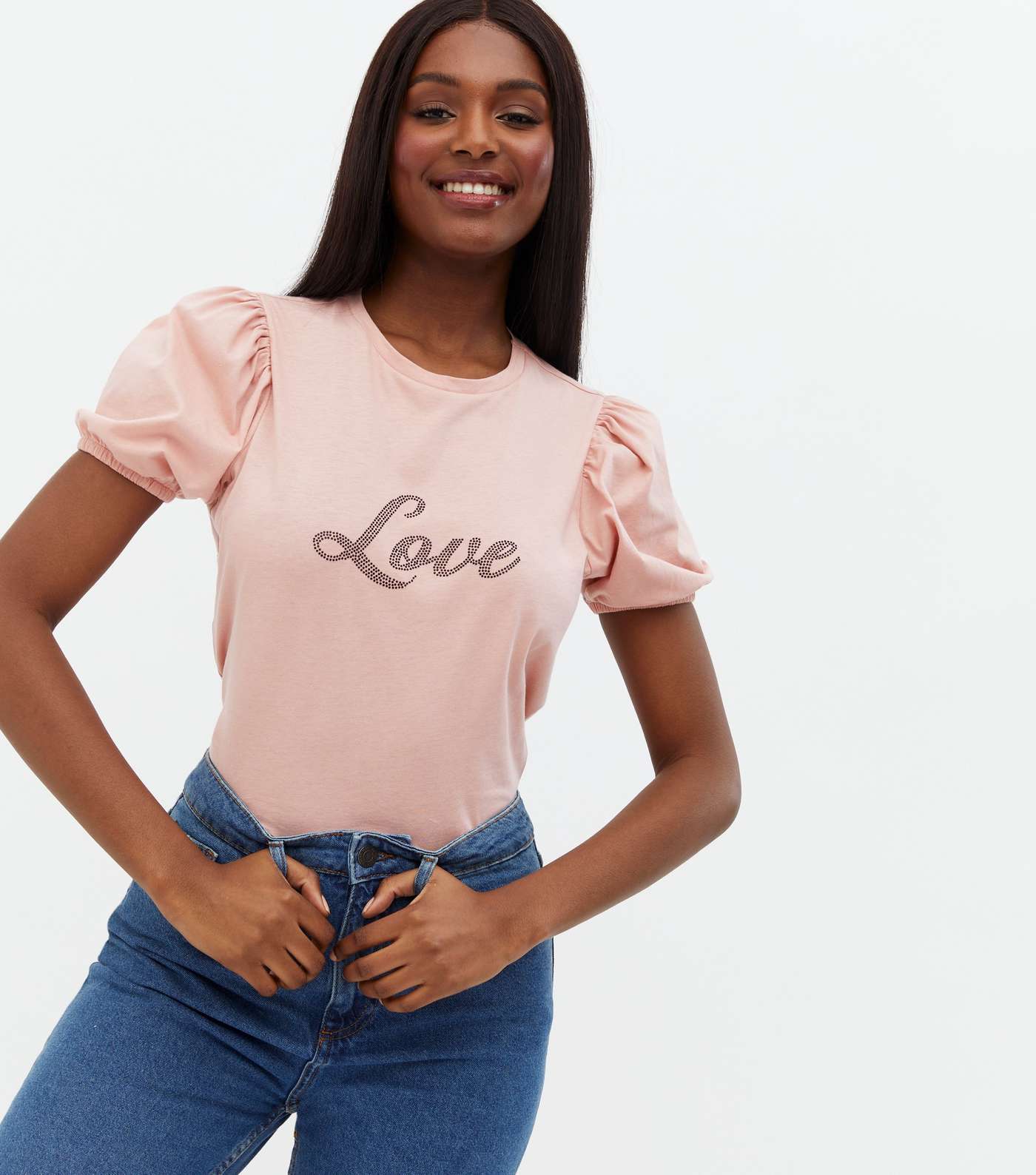 Pale Pink Puff Sleeve Love Logo T-Shirt