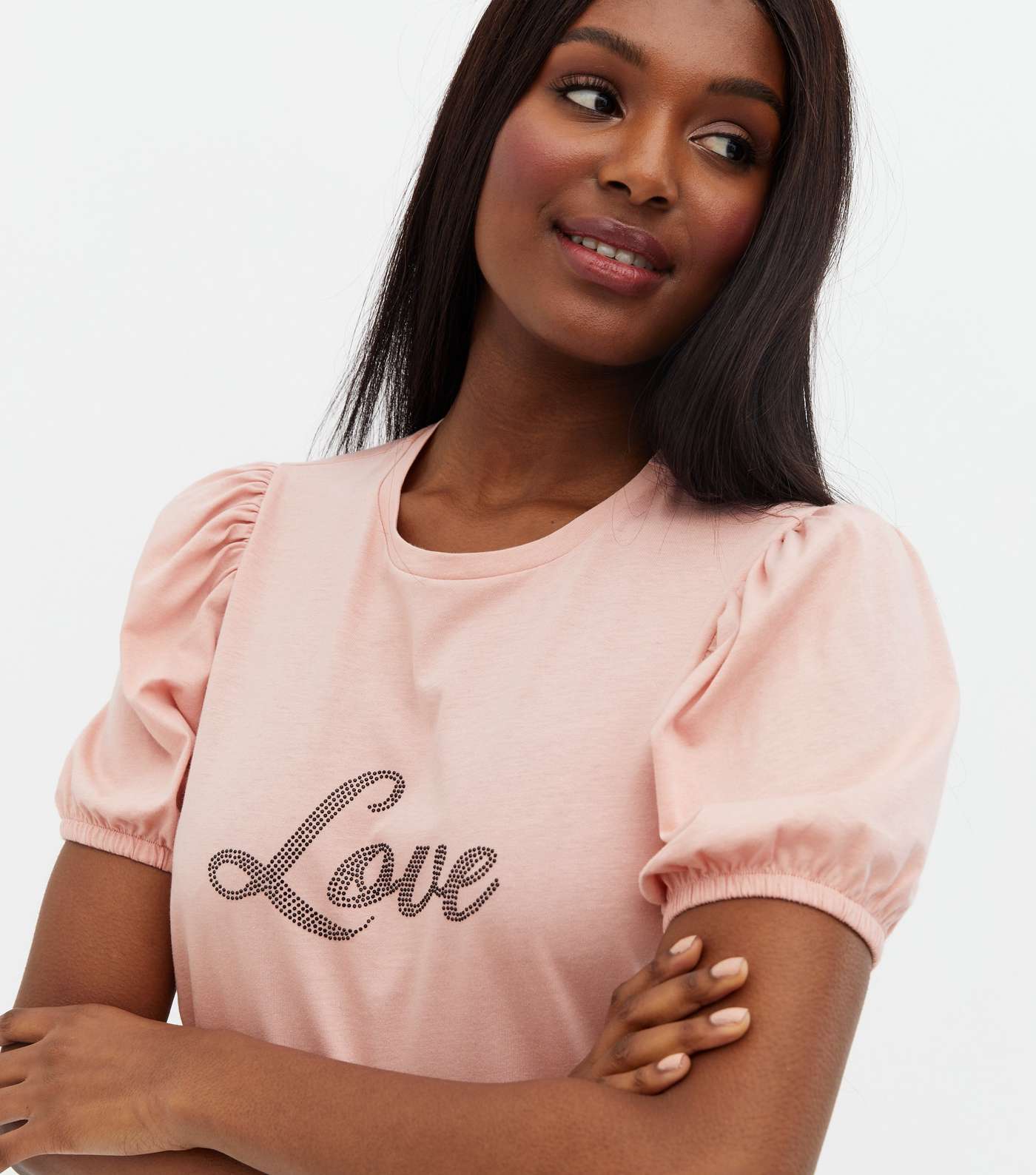 Pale Pink Puff Sleeve Love Logo T-Shirt Image 3