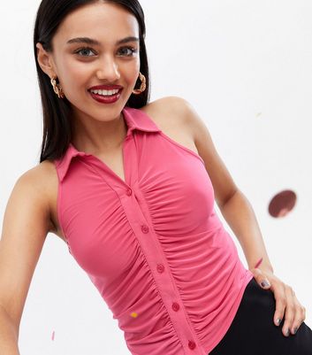 Damen Bekleidung Bright Pink Ruched Collared Button Front Sleeveless Top