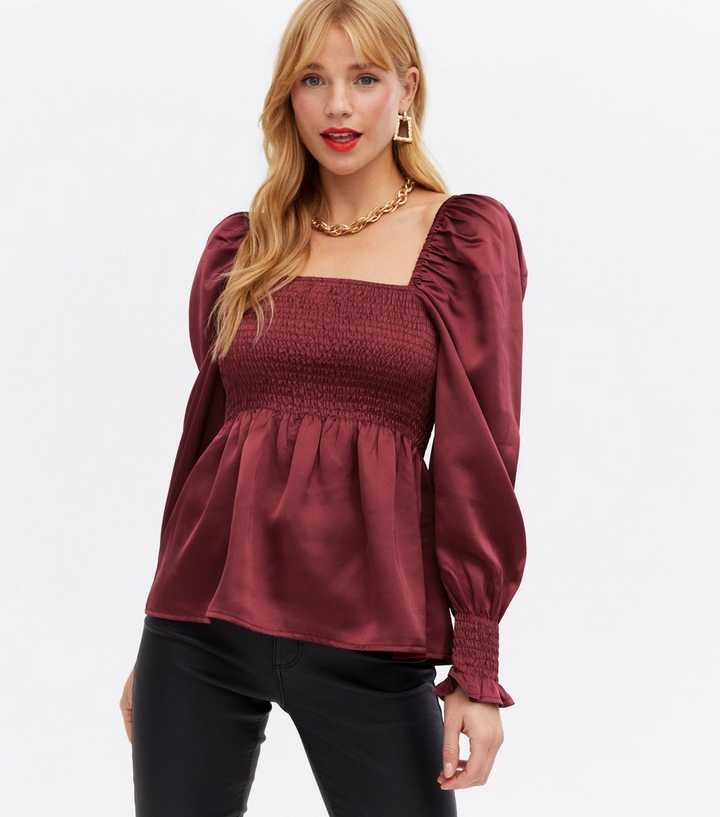 Burgundy Satin Shirred Peplum Blouse