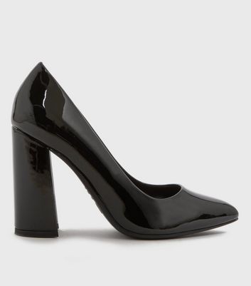 black patent leather block heel pumps