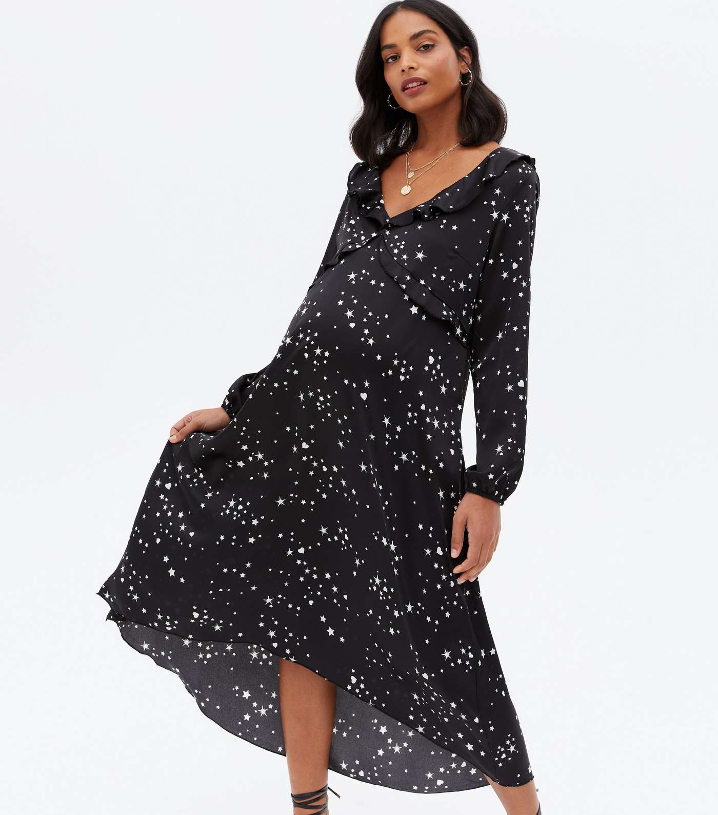 Maternity Black Star Satin Frill Long Sleeve Midi Dress