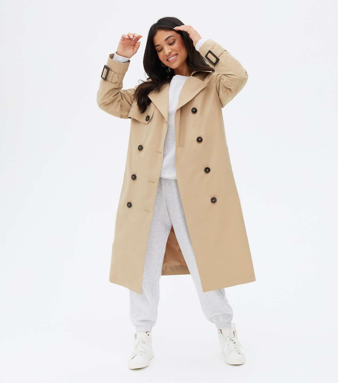 Petite Stone Puff Sleeve Belted Trench Coat
