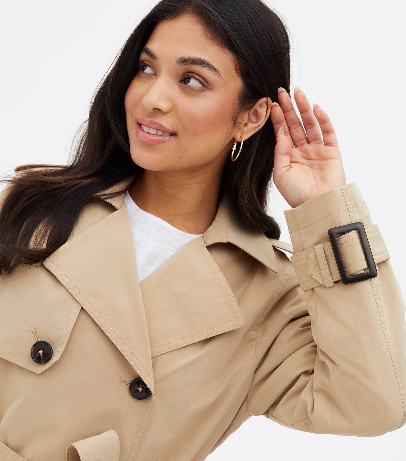 Petite Stone Puff Sleeve Belted Trench Coat Image 3
