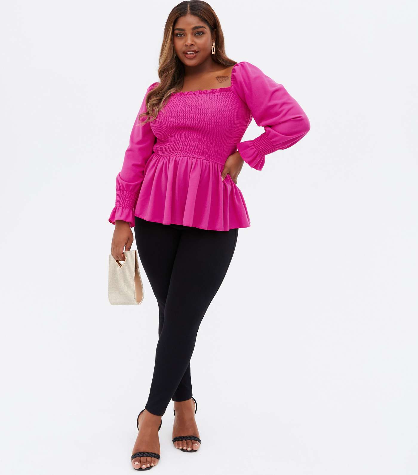 Curves Bright Pink Shirred Square Neck Peplum Blouse