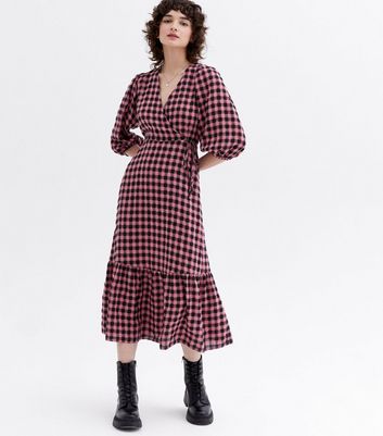 Pink Gingham Tiered Midi Wrap Dress
