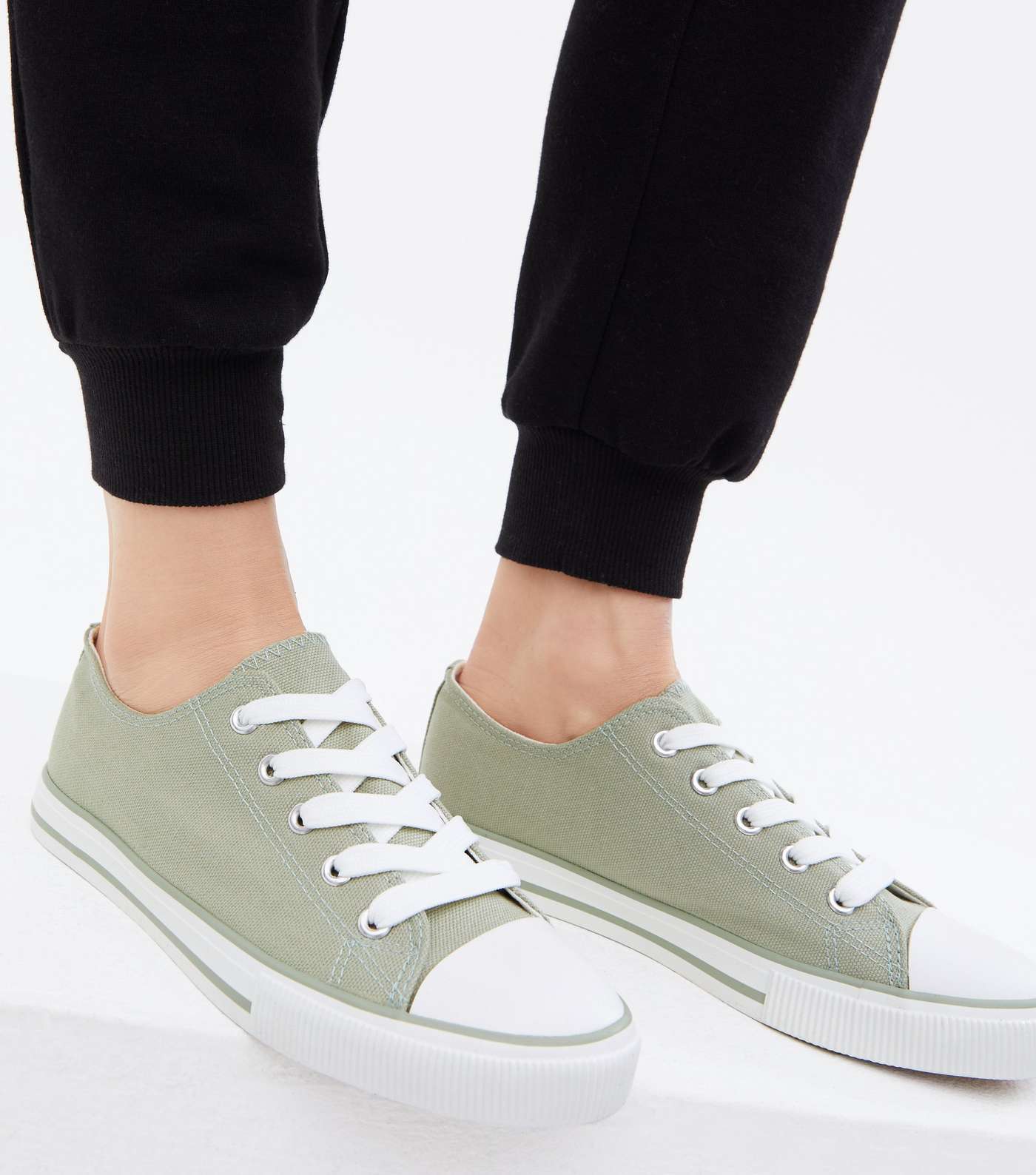 Light Green Stripe Canvas Lace Up Trainers Image 2