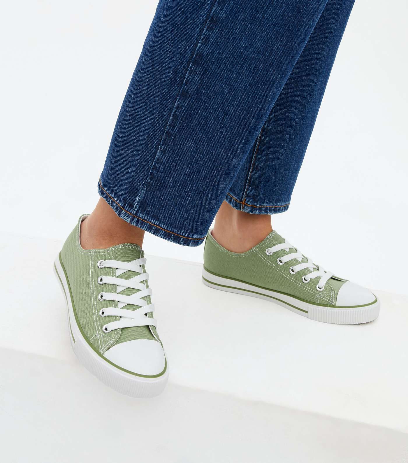 Light Green Stripe Canvas Lace Up Trainers Image 2