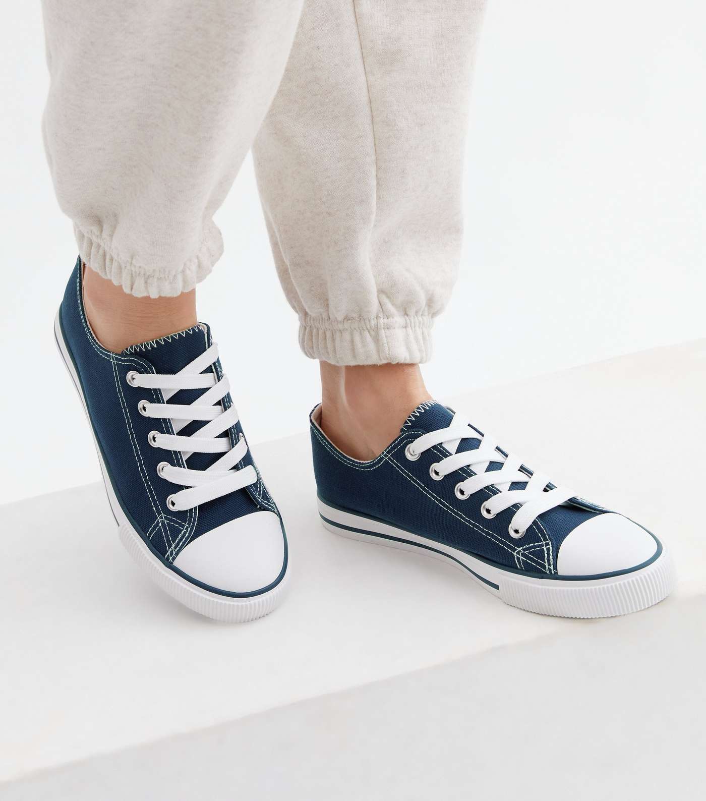 Navy Stripe Canvas Lace Up Trainers Image 2