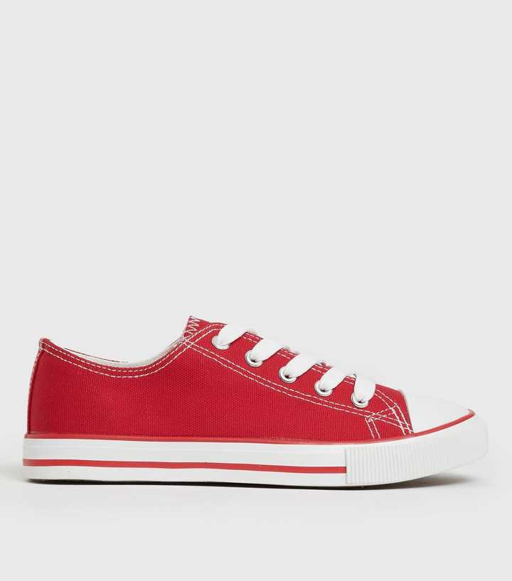 Red Stripe Canvas Lace Up Trainers | New Look