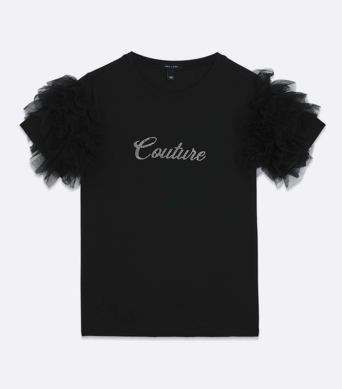 Black Mesh Puff Sleeve Couture Diamanté Logo T-Shirt Image 5