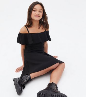 Girls Black Scuba Frill Bardot Skater Dress