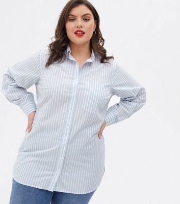 Curves Blue Stripe Poplin Long Sleeve Button Shirt New Look