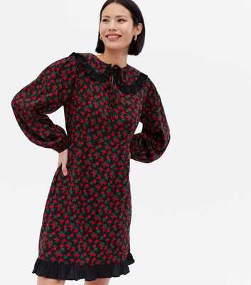 Red Floral Frill Collar Long Sleeve Mini Dress