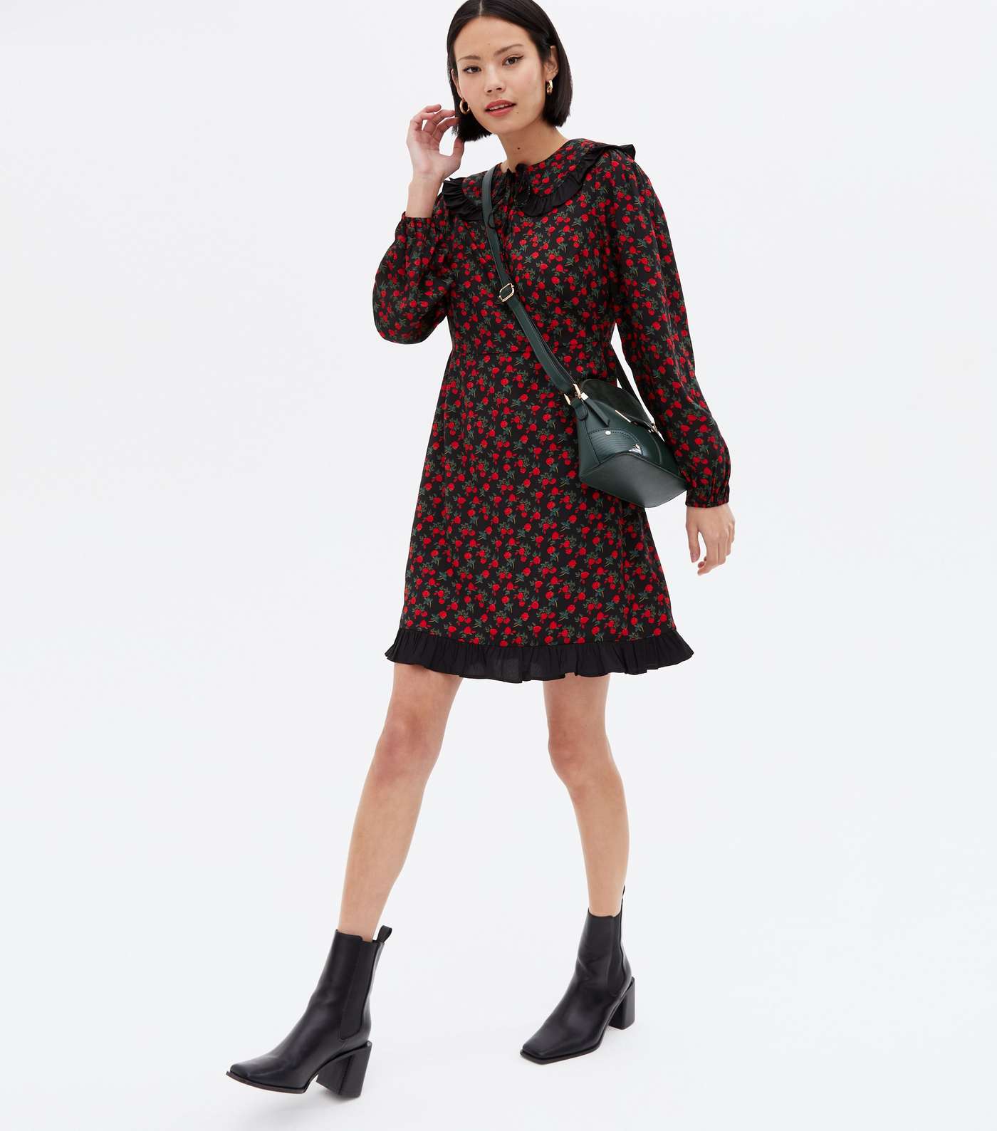 Red Floral Frill Collar Long Sleeve Mini Dress Image 2