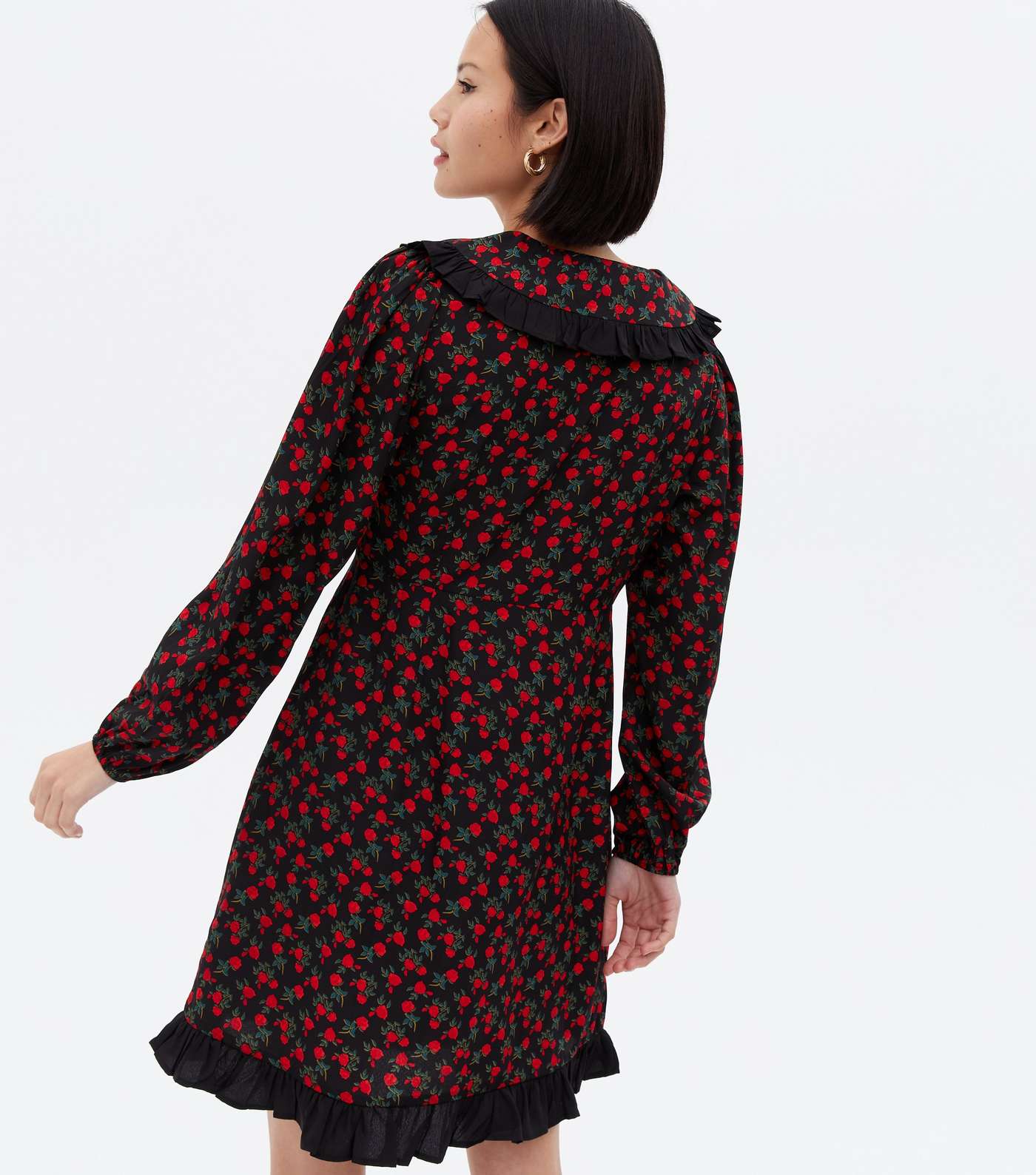 Red Floral Frill Collar Long Sleeve Mini Dress Image 4