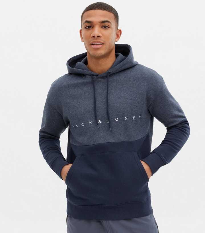 Jack u0026 Jones Navy Colour Block Logo Hoodie | New Look