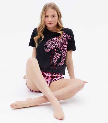 Black Short Pyjama Set with Leopard Logo Print