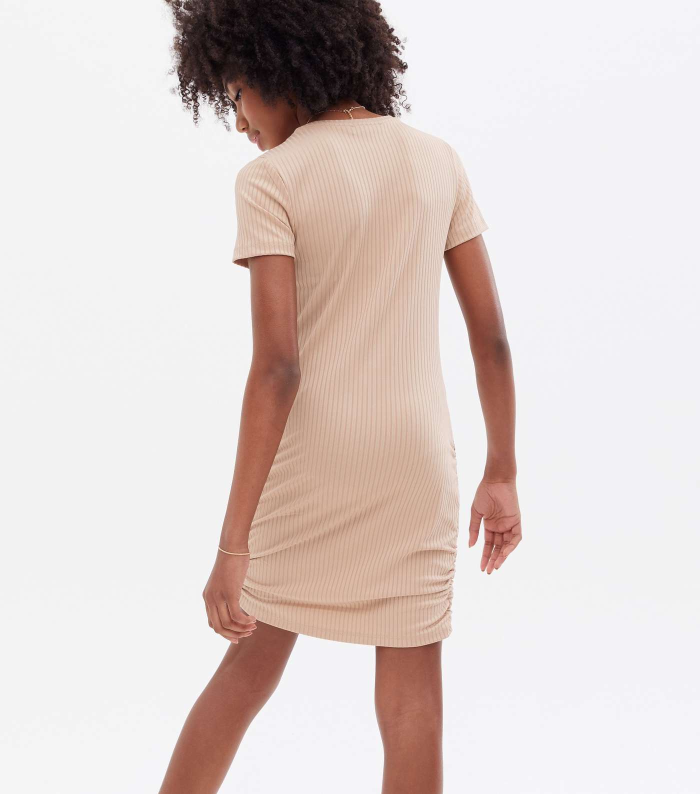 Girls Camel Ribbed Jersey Ruched Mini Dress Image 4