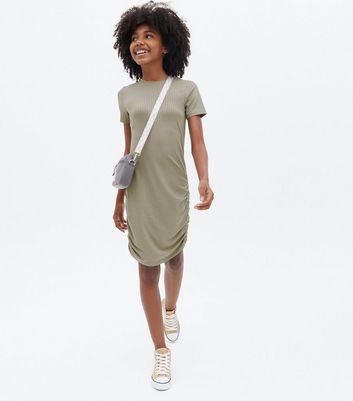 Girls Khaki Ribbed Jersey Ruched Mini Dress