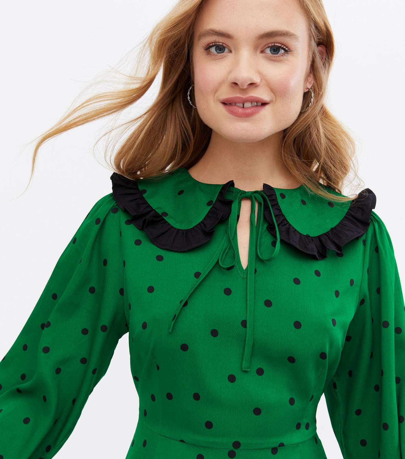 Green Spot Frill Collar Long Sleeve Mini Dress Image 3