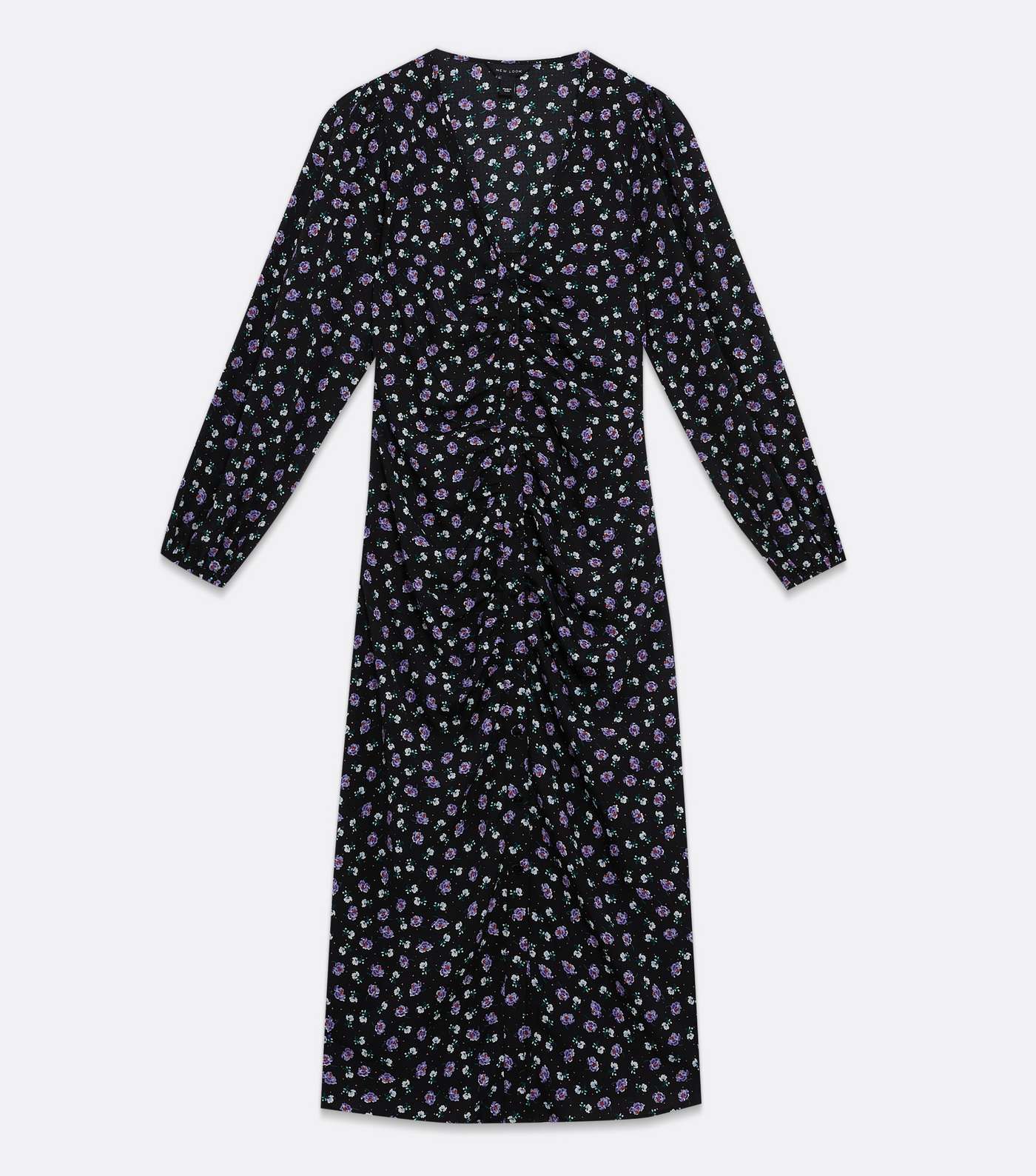 Black Ditsy Floral Spot Crepe Ruched Midi Dress Image 5