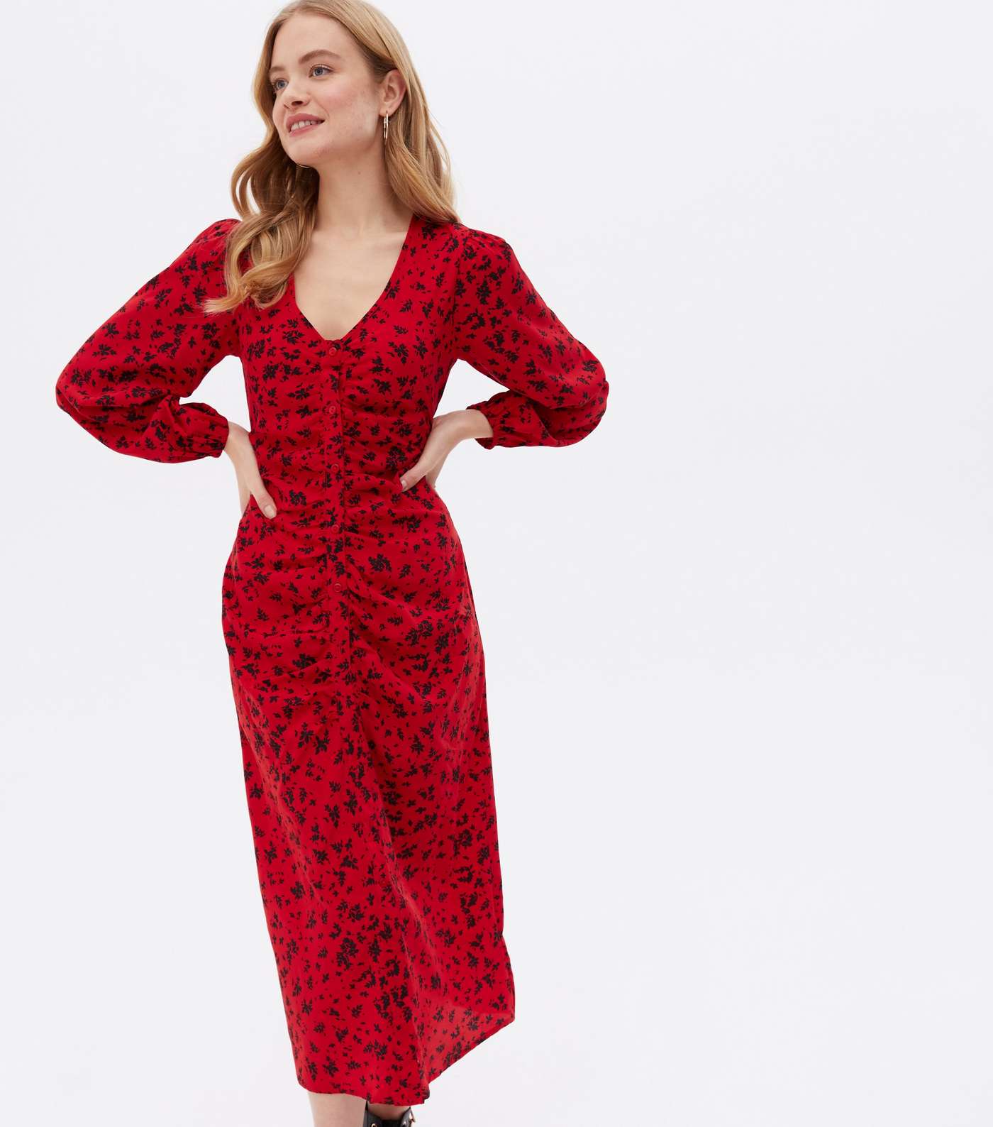 Red Ditsy Floral Crepe Ruched Button Midi Dress