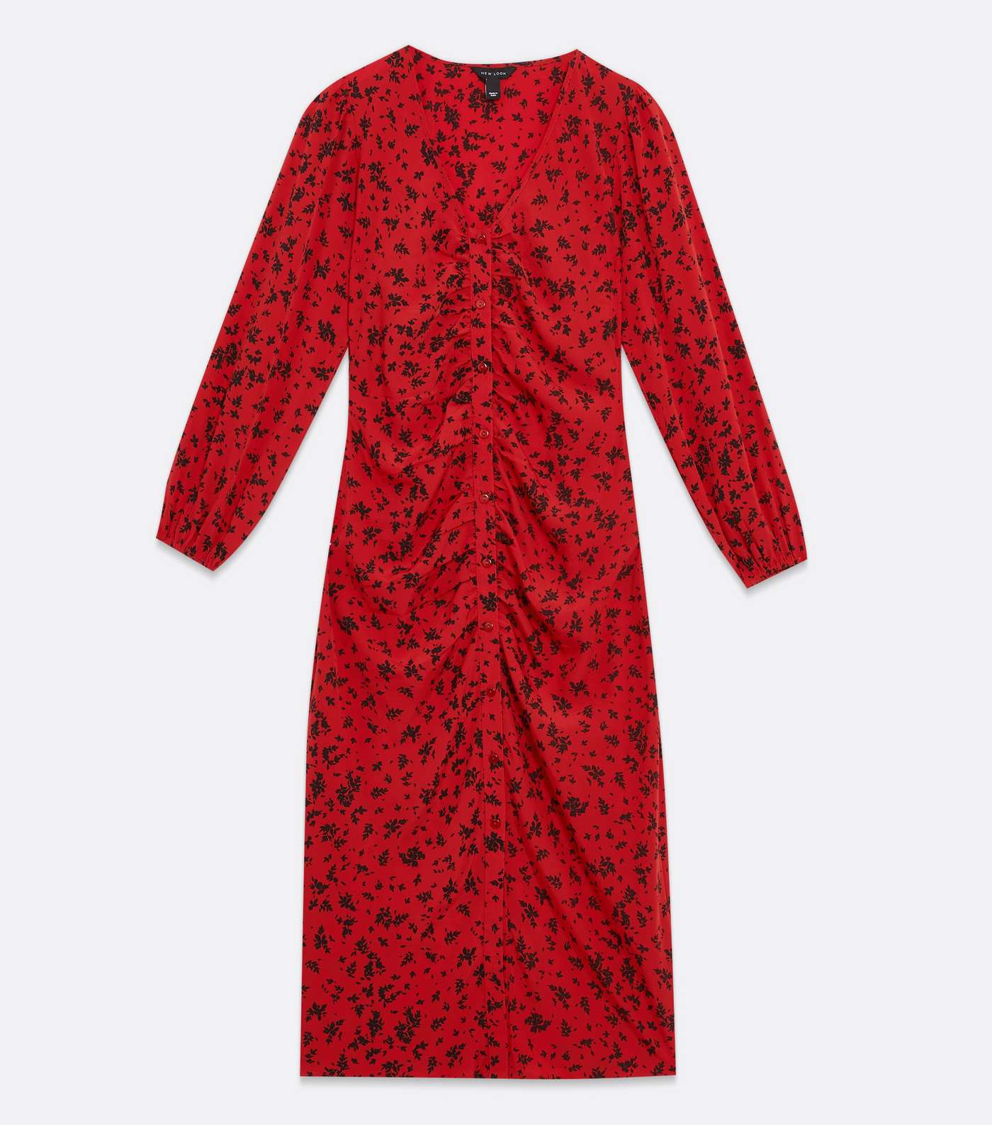 Red Ditsy Floral Crepe Ruched Button Midi Dress Image 5