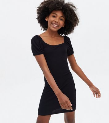 Girls Black Ribbed Jersey Cap Sleeve Mini Dress | New Look