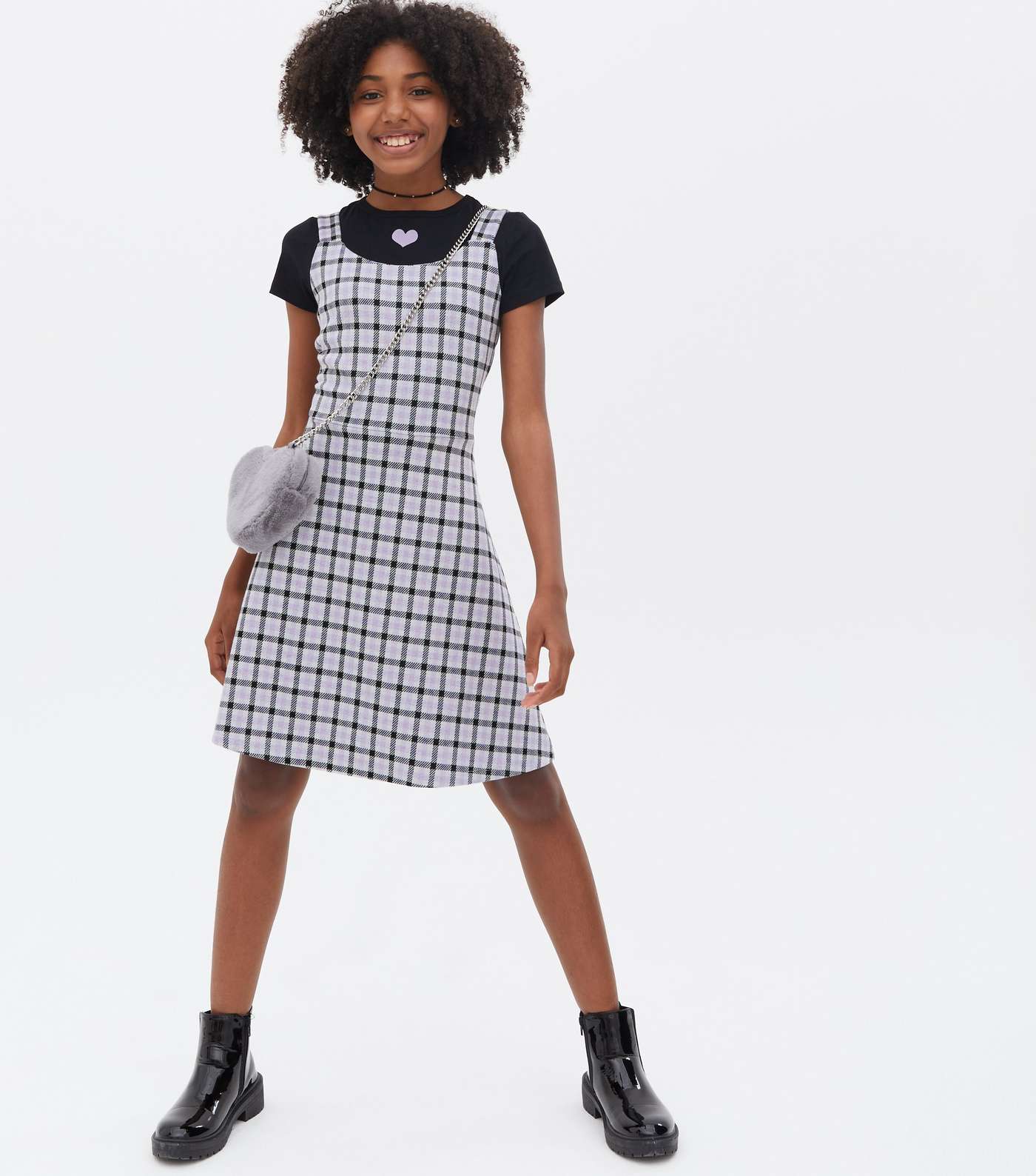Girls Purple Check 2-in-1 Pinafore Dress Image 2
