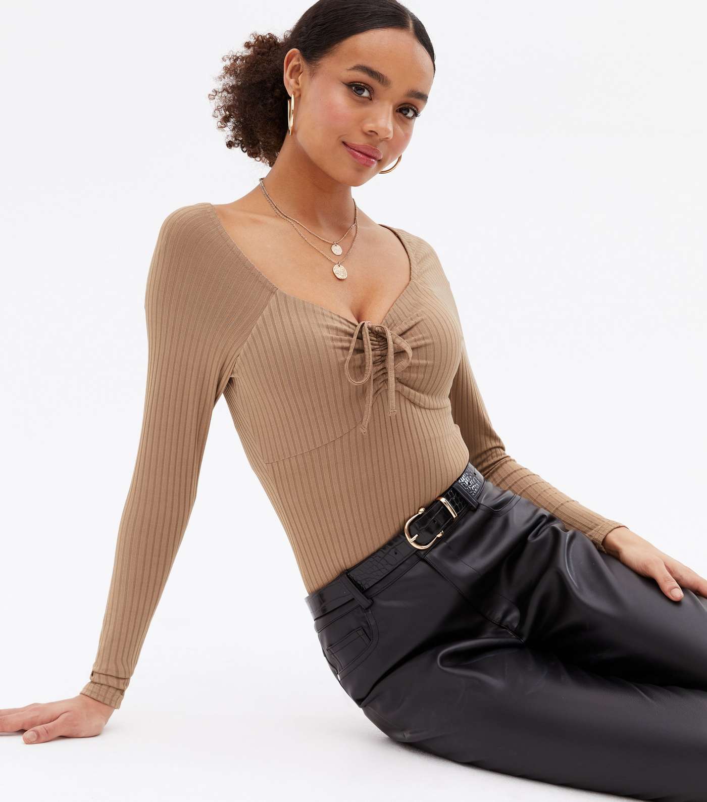 Camel Ribbed Tie Front Long Sleeve Bodysuit